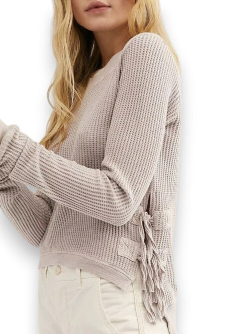 Free People FP One Cropped Interlaken Waffle Knit Thermal Top Cream Small